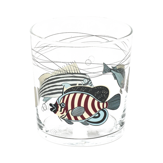 Museum Fish Stripes Lowball low-profile glassware, with a crisp silhouette and decorative details that stand out on the table; ideal for spirits, cocktails, juice, or a distinctive everyday water glass. Alternate product view shows more of the shape, finish, and design details.