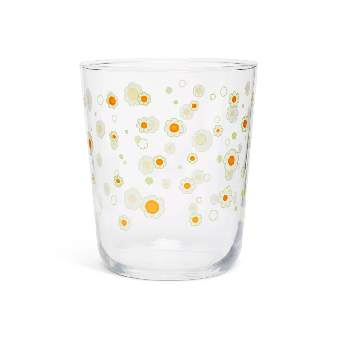Clear juice glass with a scattered print of small white and yellow daisies