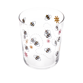 Bees Juice Glass compact glassware, with a crisp silhouette and decorative details that stand out on the table; an easy everyday size for juice, water, small cocktails, or breakfast service. Additional view helps show the profile, scale, and decorative details.