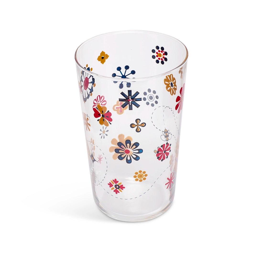 Daisies and bees tumbler from above showing the flowers through the glass