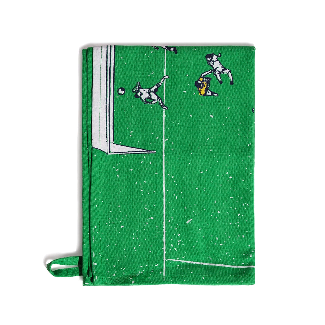 Folded green tea towel printed with an overhead soccer field, goal and players