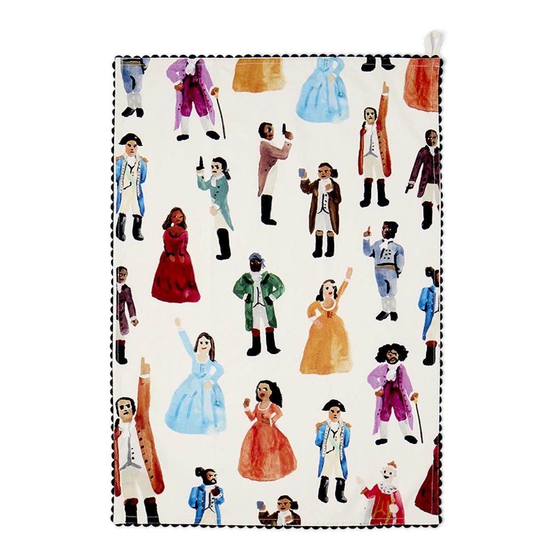Hamilton-inspired cotton tea towel featuring illustrated musical-inspired characters.