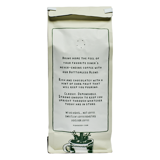 Coffee bag with text and a graphic of a coffee cup on a white background