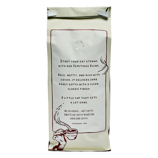 Coffee bag with text and graphics on a white background