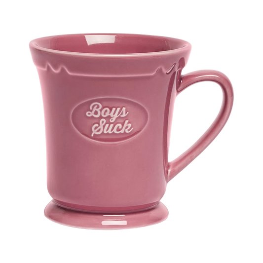 Boys Suck Mug ceramic drinkware, with a clean, polished finish and distinctive shape or artwork; a comfortable everyday choice for coffee, tea, cocoa, or desk-side sipping. Alternate product view shows more of the shape, finish, and design details.