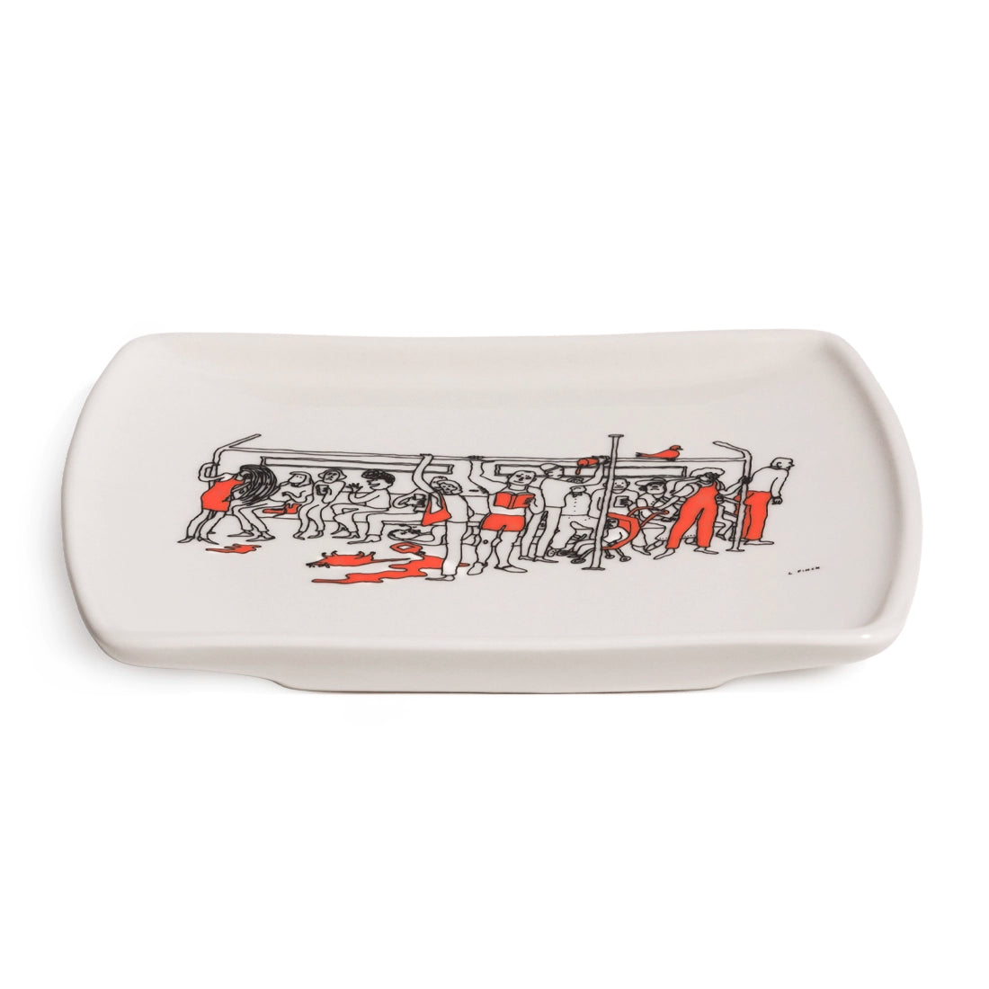 Subway ride tray at an angle showing the commuter illustration