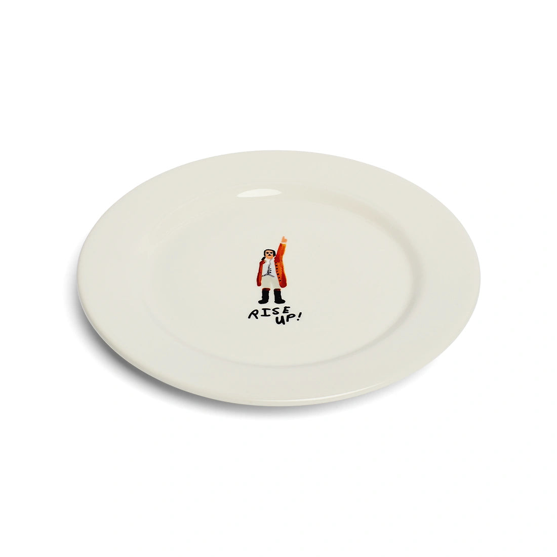 Angled view of Rise Up ceramic dinner plate.