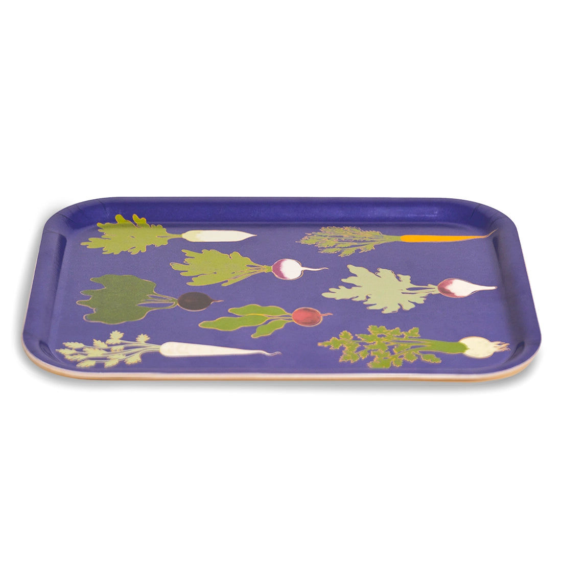 Root Down tray at an angle showing the raised rim and vegetable illustrations