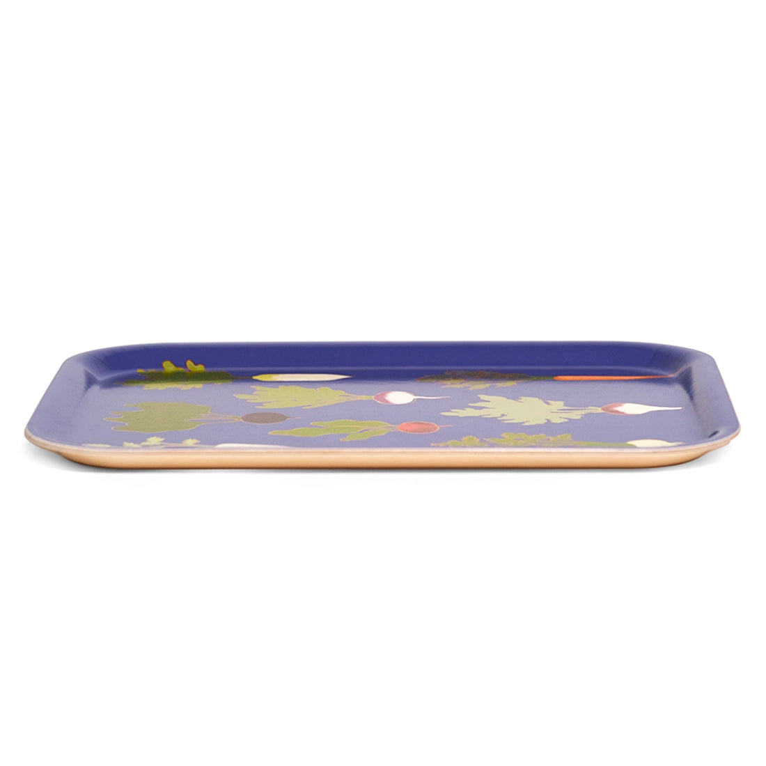 Root Down tray, low side view showing the thin profile and wood edge