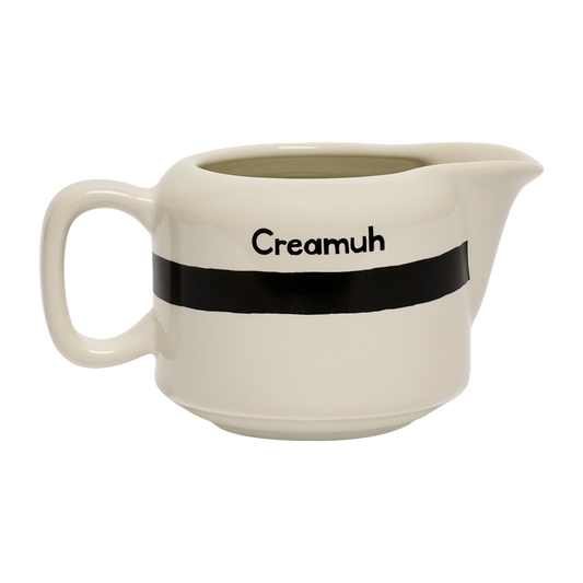 Cream pitcher with 'Creamuh' branding on a white background
