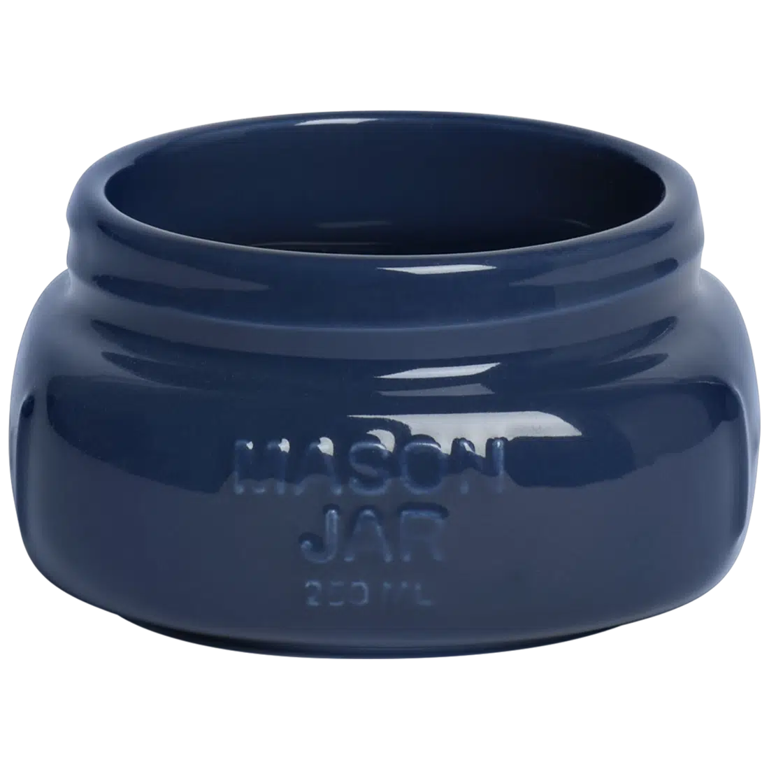 Farmers Market - Short/wide Mason Jar - Indigo glazed ceramic jar, with a clean, polished finish and distinctive shape or artwork; a charming, substantial piece for drinks, flowers, utensils, or relaxed countertop styling. Additional view helps show the profile, scale, and decorative details.