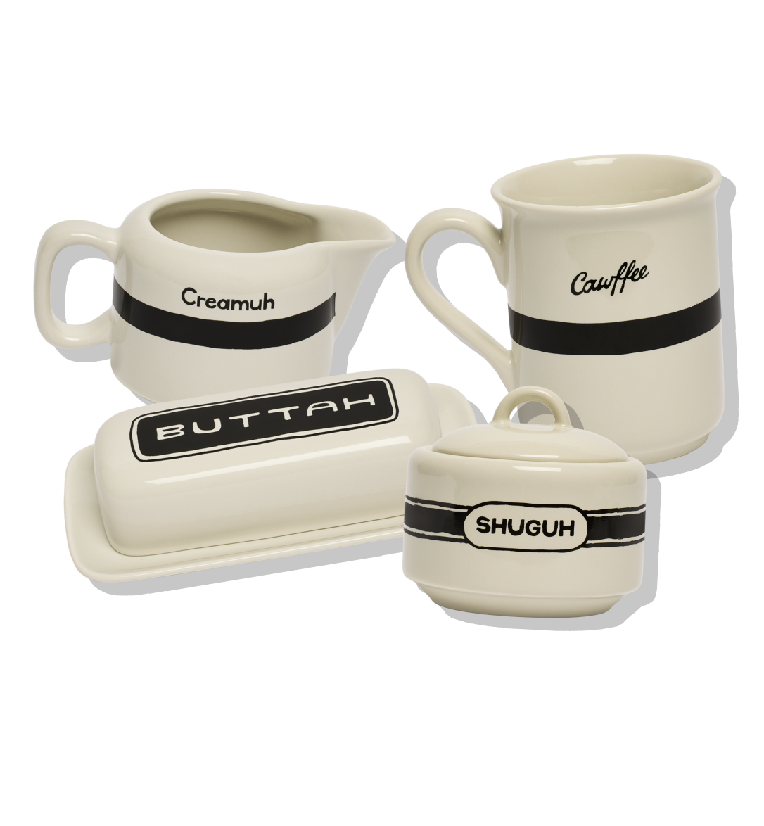 Graphic dinnerware featuring Brooklyn phrases