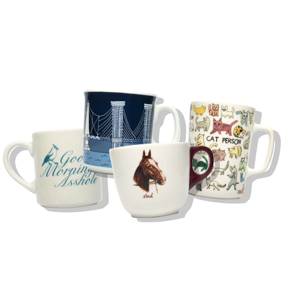 Ceramic coffee mugs in various designs
