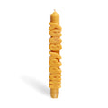 Mustard yellow taper candle with HAPPY BDAY spelled out in stacked sculpted letters