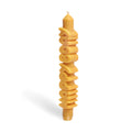 Yellow Happy Bday taper candle turned slightly to show the dimensional lettering