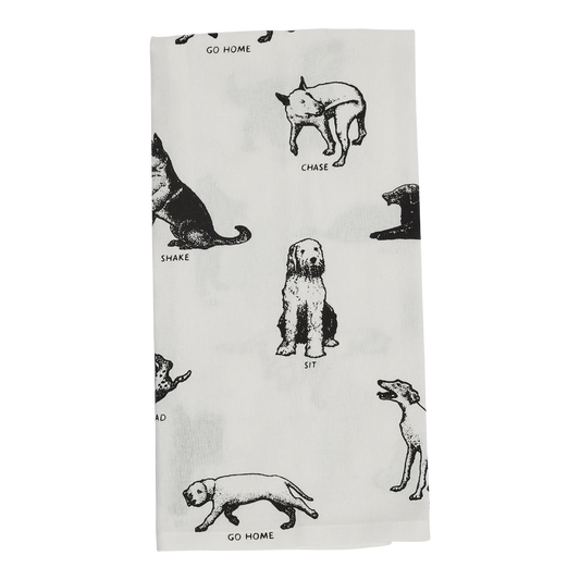 Dog Tricks Tea Towel kitchen textile, with eye-catching graphics or color designed to feel useful as well as expressive; adds useful absorbency and personality for drying hands, handling light kitchen cleanup, or display. Primary product view highlights the overall design and proportions.