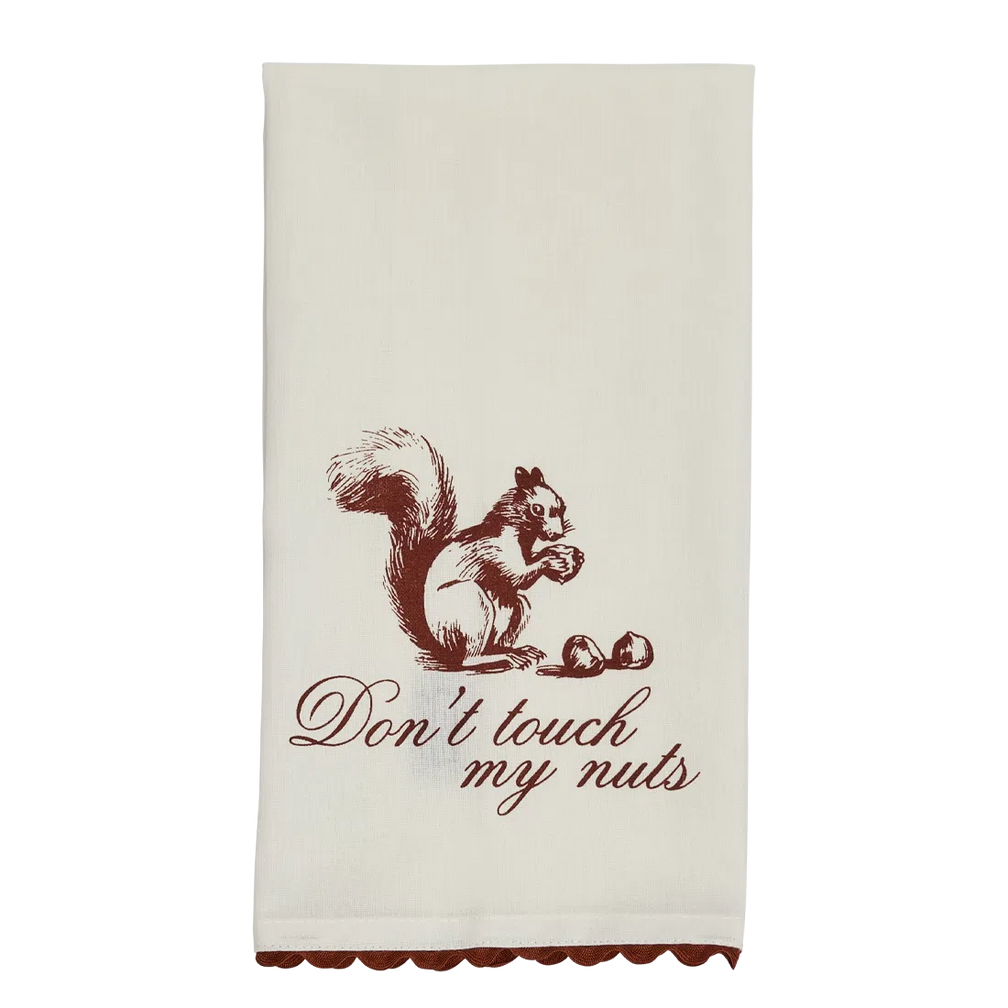 Pleasantries - Don't Touch My Nuts Tea Towel kitchen textile, with eye-catching graphics or color designed to feel useful as well as expressive; adds useful absorbency and personality for drying hands, handling light kitchen cleanup, or display.