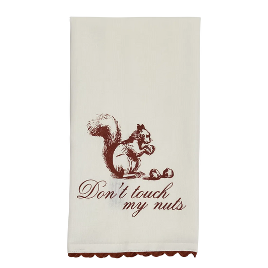Pleasantries - Don't Touch My Nuts Tea Towel kitchen textile, with eye-catching graphics or color designed to feel useful as well as expressive; adds useful absorbency and personality for drying hands, handling light kitchen cleanup, or display.