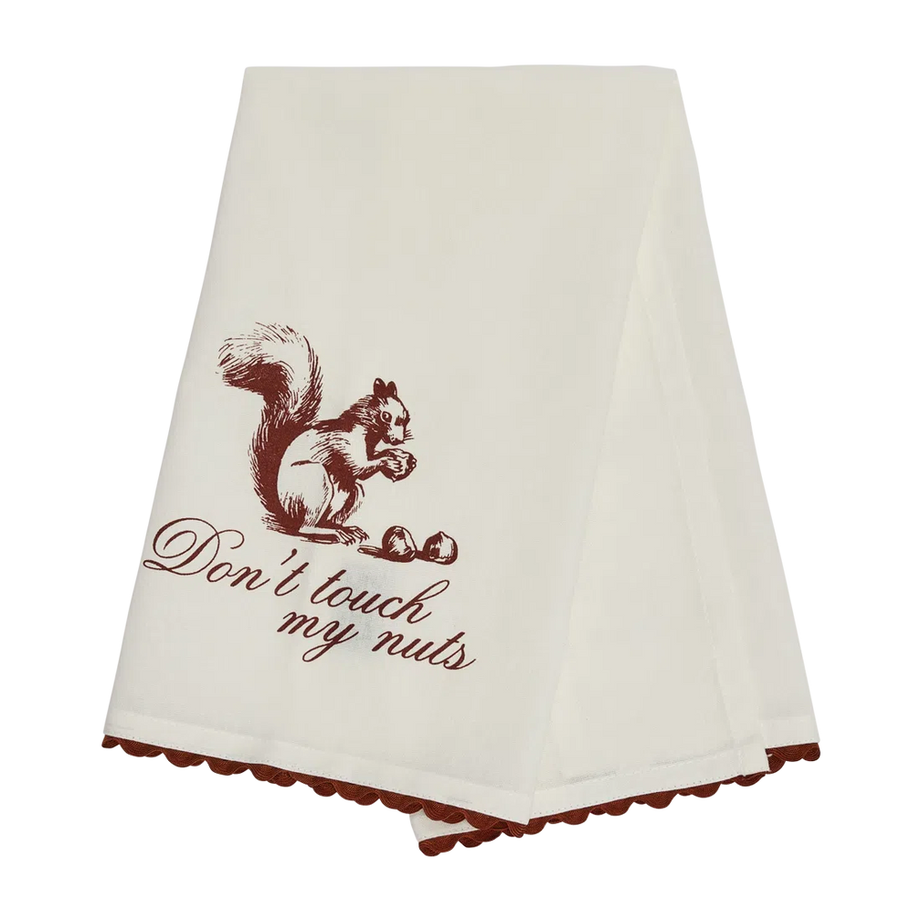 Pleasantries - Don't Touch My Nuts Tea Towel kitchen textile, with eye-catching graphics or color designed to feel useful as well as expressive; adds useful absorbency and personality for drying hands, handling light kitchen cleanup, or display.