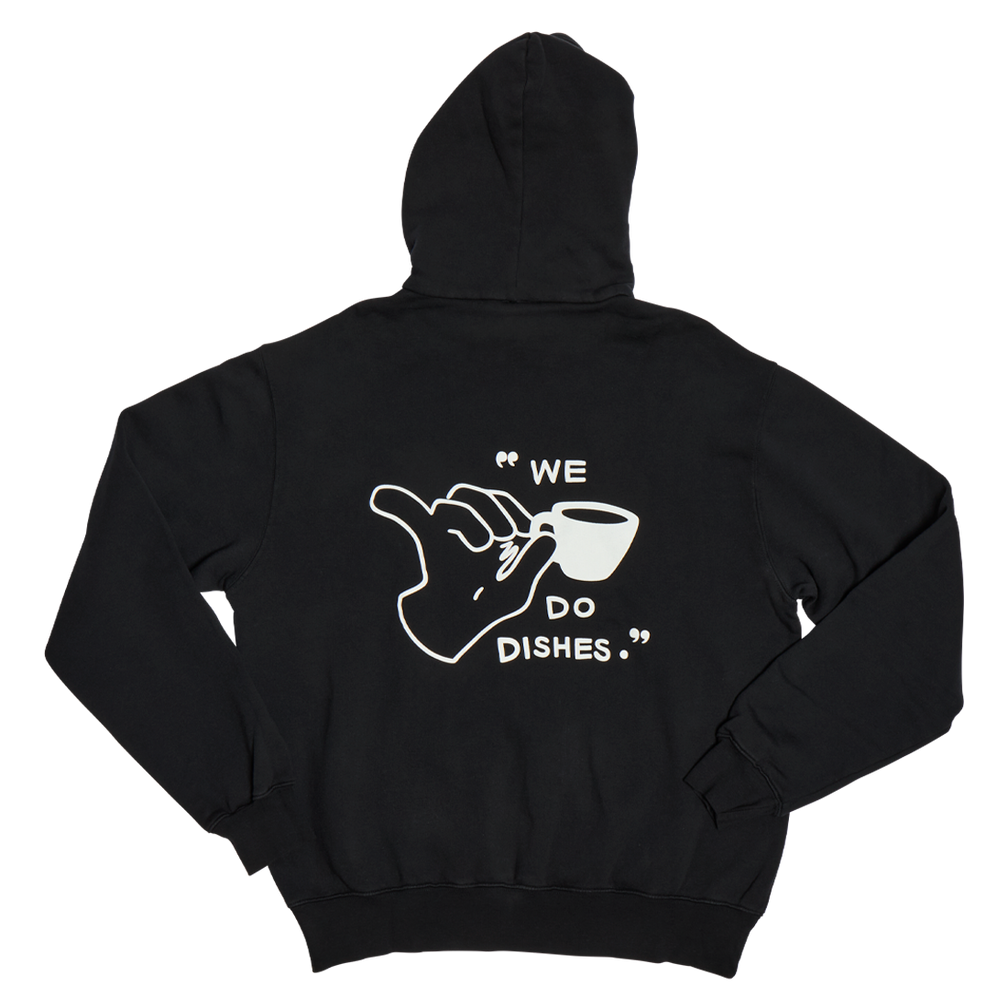 Black hoodie with a white graphic and text on the back against a white background