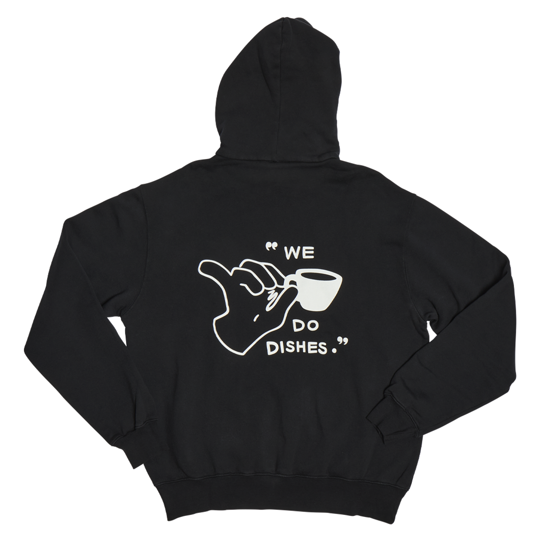 Black hoodie with a white graphic and text on the back against a white background
