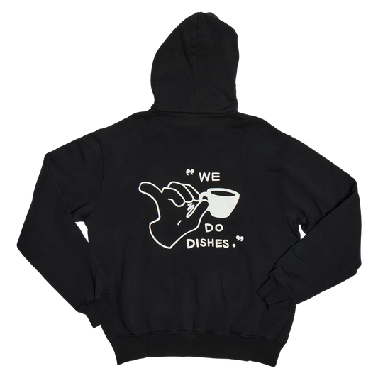Black hoodie with a white graphic and text on the back against a white background