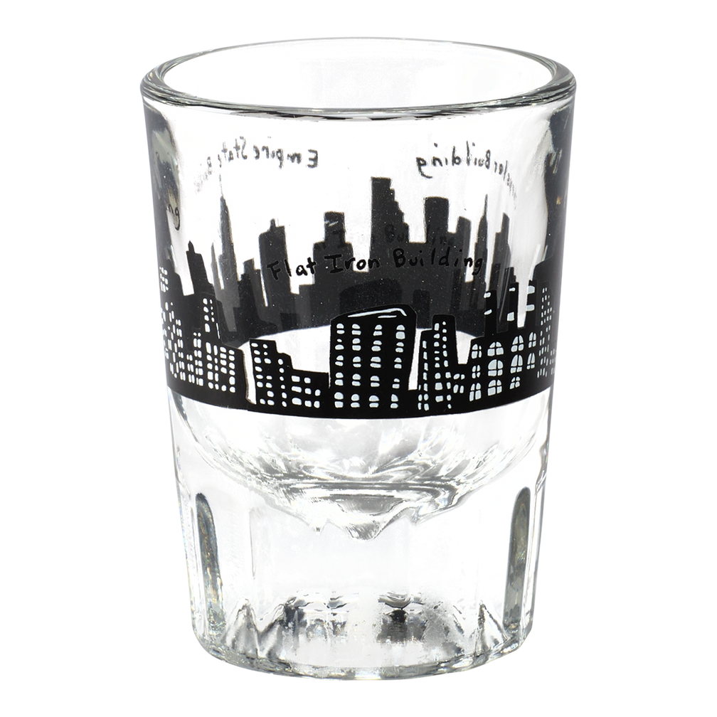 212 Skyline - Shot Glass compact glassware, with a crisp silhouette and decorative details that stand out on the table; a playful, space-saving piece for shots, tasting pours, or bar-cart display. Additional view helps show the profile, scale, and decorative details.