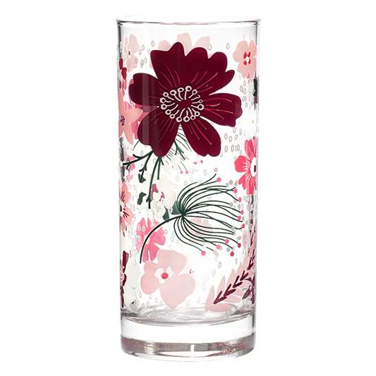 Pink Garden Highball Glass tall glassware, with a crisp silhouette and decorative details that stand out on the table; well suited to water, iced drinks, cocktails, and everyday table settings. Primary product view highlights the overall design and proportions.