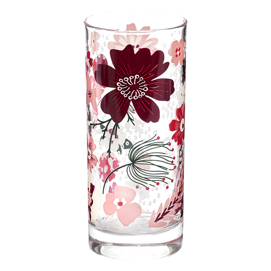 Pink Garden Highball Glass tall glassware, with a crisp silhouette and decorative details that stand out on the table; well suited to water, iced drinks, cocktails, and everyday table settings. Alternate product view shows more of the shape, finish, and design details.