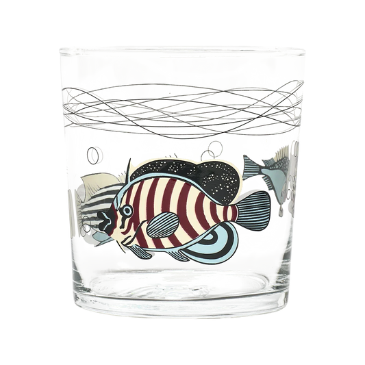 Museum Fish Stripes Lowball low-profile glassware, with a crisp silhouette and decorative details that stand out on the table; ideal for spirits, cocktails, juice, or a distinctive everyday water glass. Primary product view highlights the overall design and proportions.