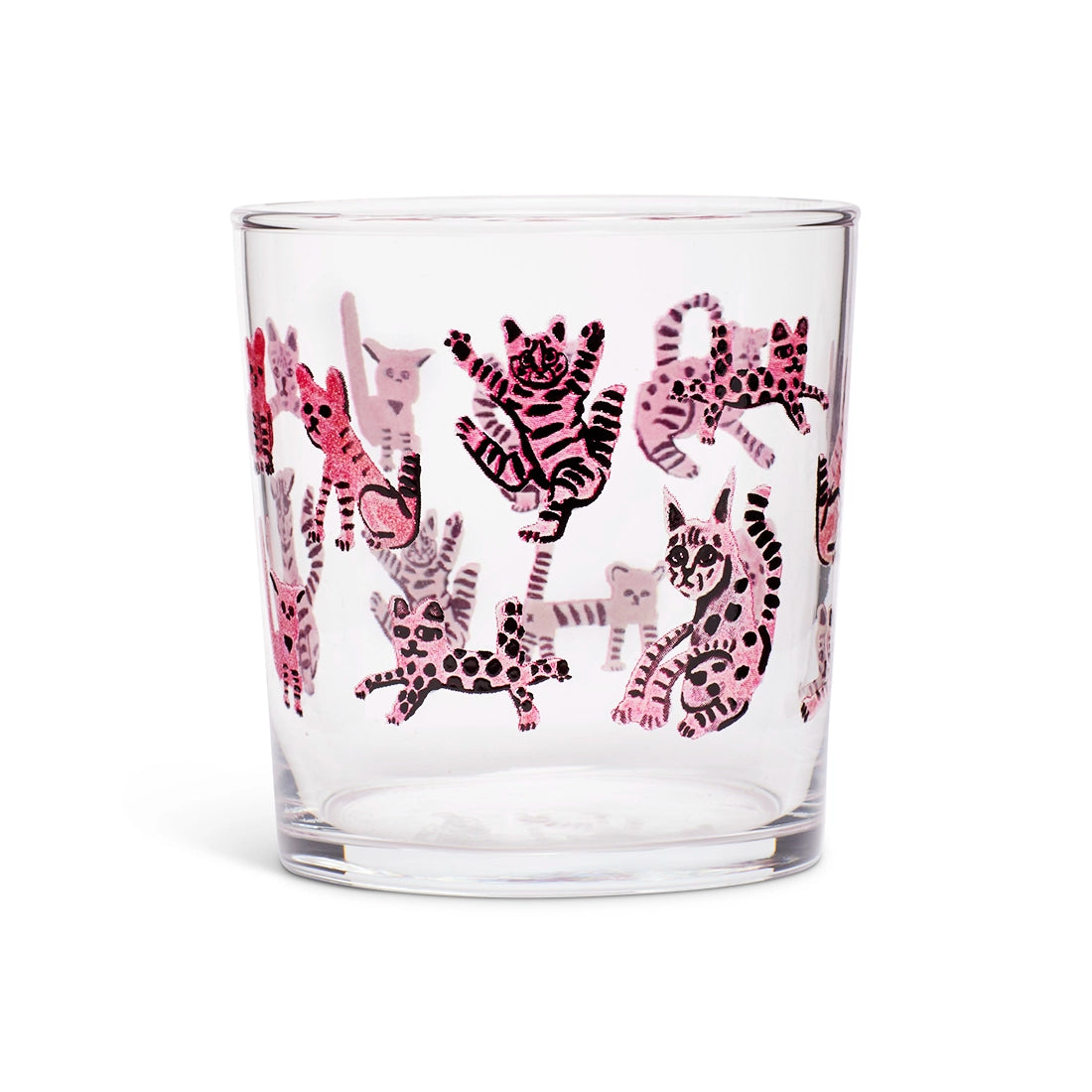 Clear lowball glass covered in playful pink and black striped cartoon cats
