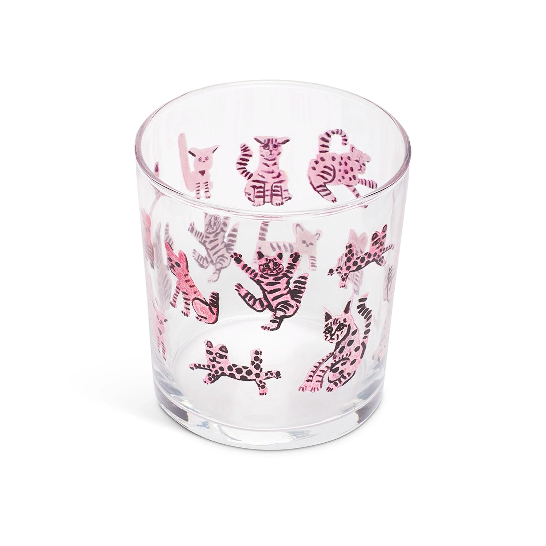 Pink cats lowball glass from above showing the cats through the glass