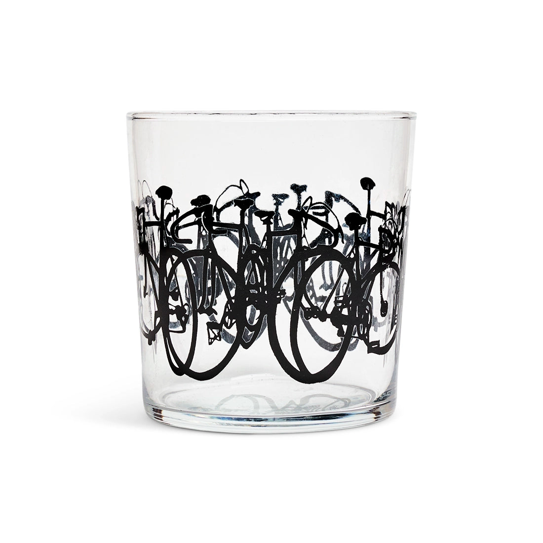 Clear lowball glass with a band of black bicycle silhouettes stacked together