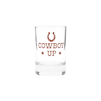 Cowboy Up Shot Glass compact glassware, with a crisp silhouette and decorative details that stand out on the table; a playful, space-saving piece for shots, tasting pours, or bar-cart display. Primary product view highlights the overall design and proportions.