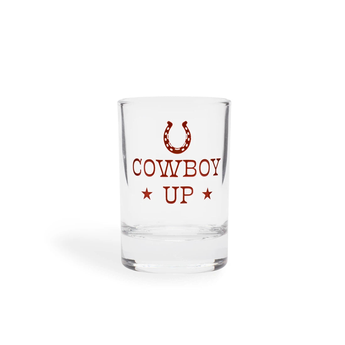 Clear shot glass with a red horseshoe, stars and COWBOY UP lettering, front view