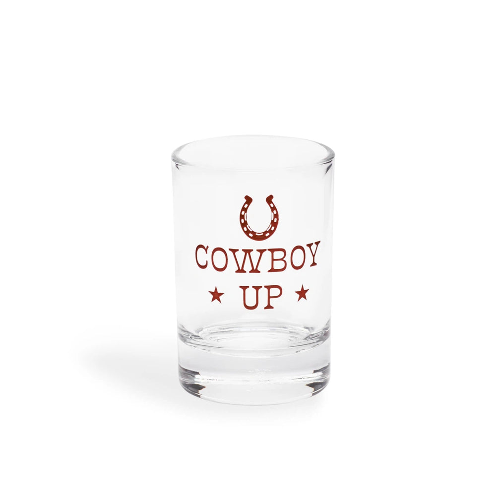 Cowboy Up shot glass from above showing the thick base