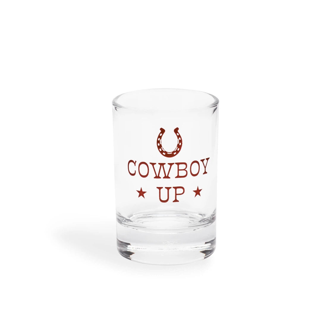 Cowboy Up shot glass from above showing the thick base