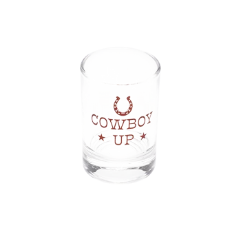 Cowboy Up Shot Glass compact glassware, with a crisp silhouette and decorative details that stand out on the table; a playful, space-saving piece for shots, tasting pours, or bar-cart display. Additional view helps show the profile, scale, and decorative details.