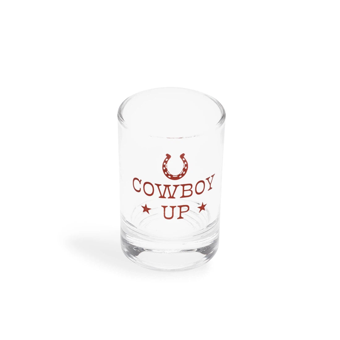 Cowboy Up shot glass at a slight angle showing the rim