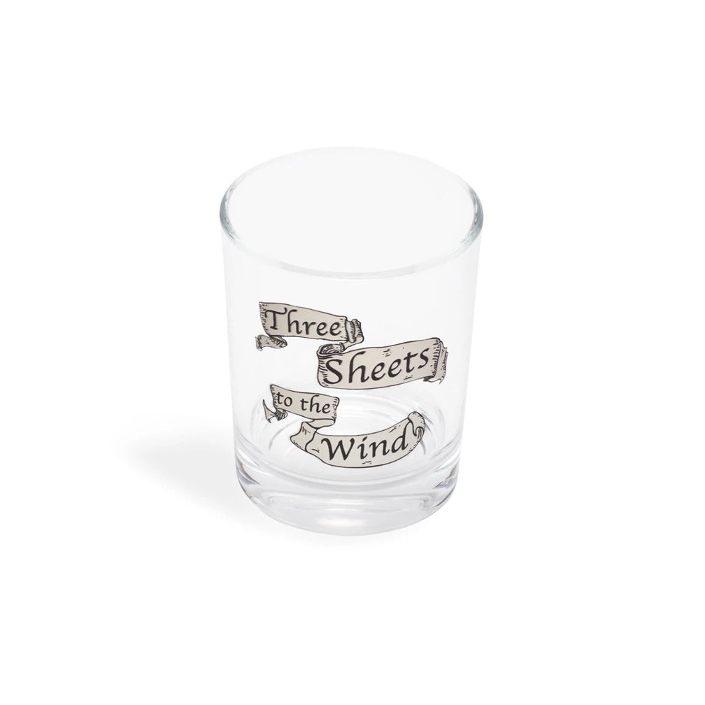 Three Sheets to the Wind shot glass at a slight angle showing the rim