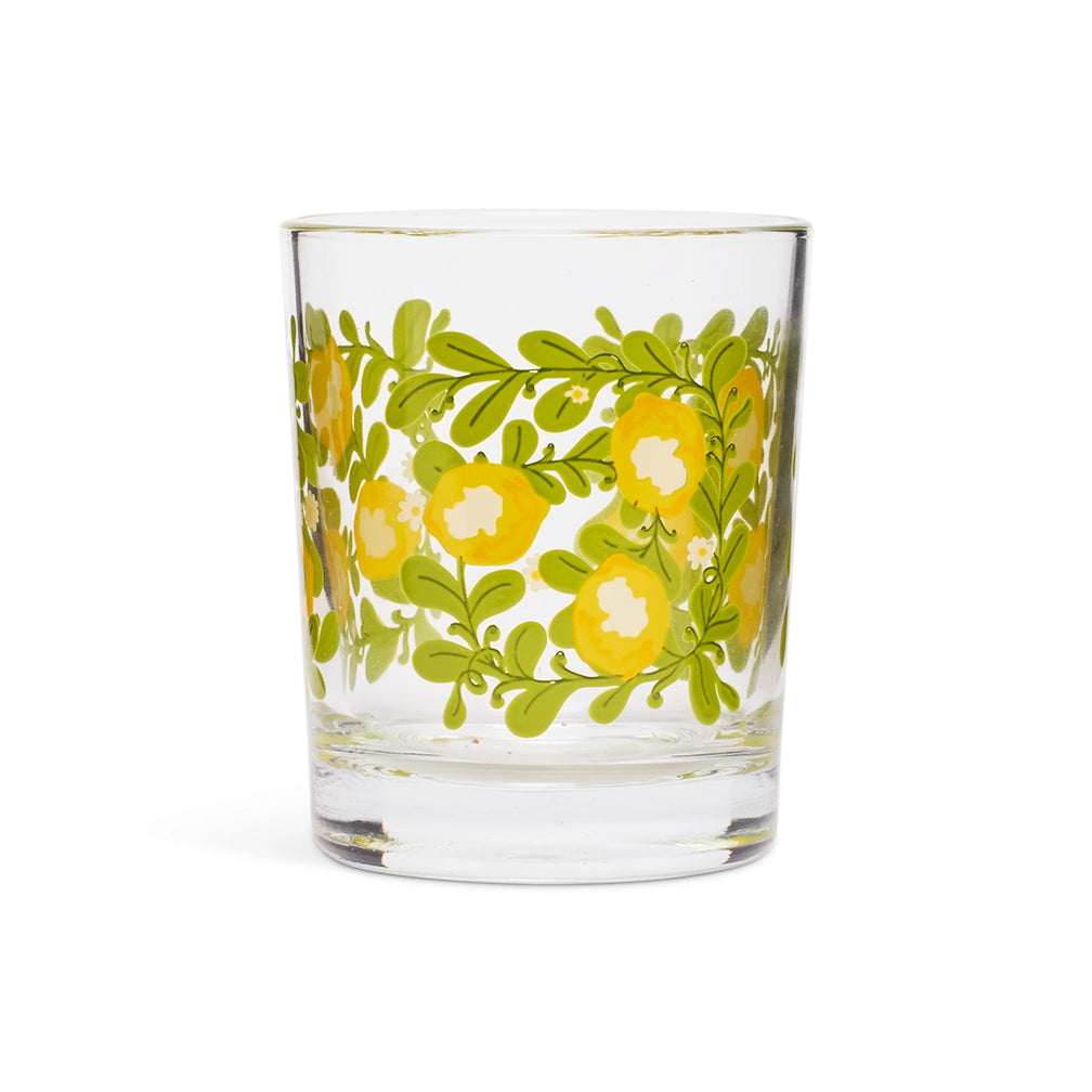 Lemon flower mini lowball glass, straight-on side view of the yellow floral band