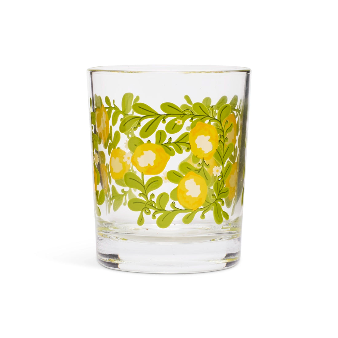 Lemon flower mini lowball glass, straight-on side view of the yellow floral band