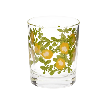 Lemons Mini Lowball low-profile glassware, with a crisp silhouette and decorative details that stand out on the table; ideal for spirits, cocktails, juice, or a distinctive everyday water glass. Alternate product view shows more of the shape, finish, and design details.