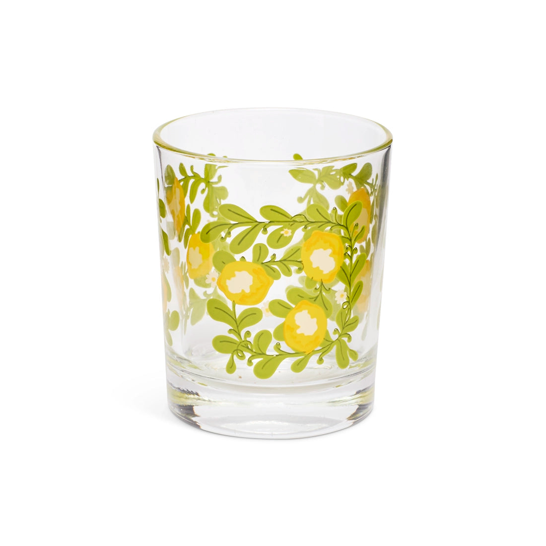 Clear mini lowball glass with a retro band of yellow flowers and green leaves