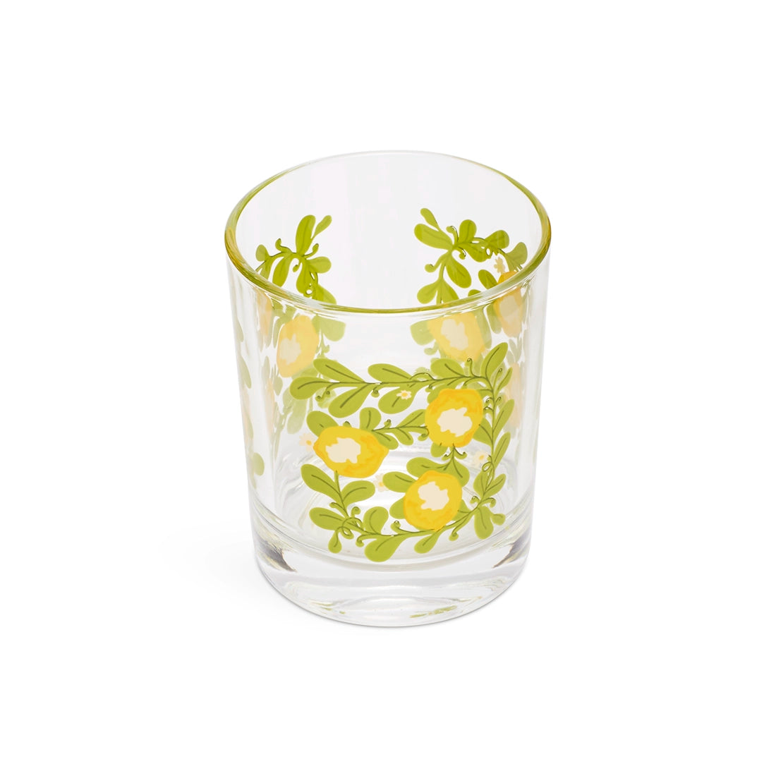 Lemon flower mini lowball glass from above showing the pattern through the glass