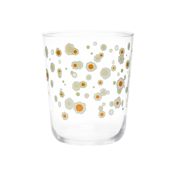 Daisies Juice Glass compact glassware, with a crisp silhouette and decorative details that stand out on the table; an easy everyday size for juice, water, small cocktails, or breakfast service. Primary product view highlights the overall design and proportions.