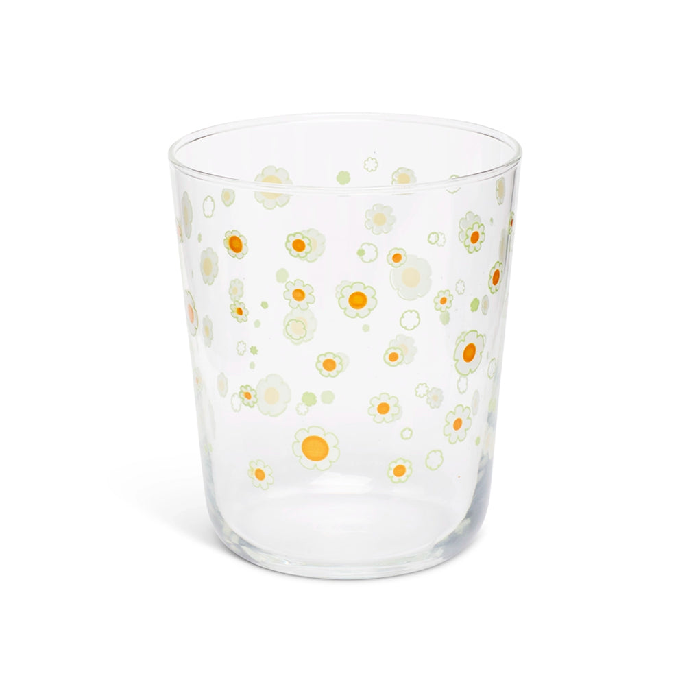 Daisies juice glass at a slight angle showing the rim and daisy print