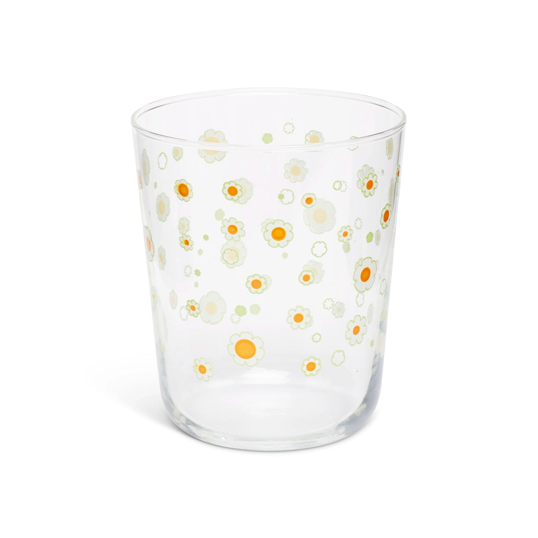 Daisies juice glass at a slight angle showing the rim and daisy print