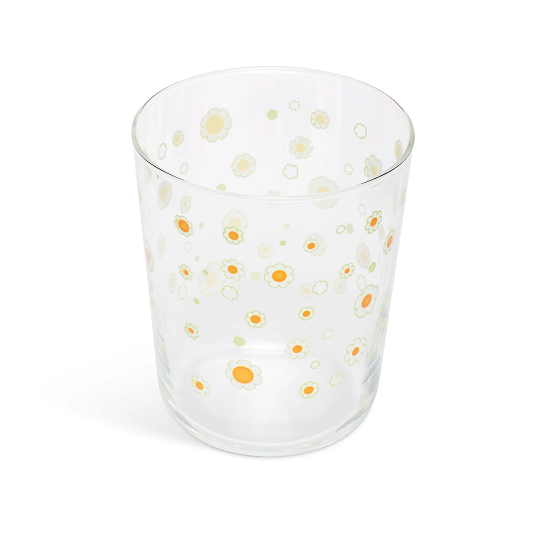Daisies juice glass from above showing the flowers through the glass