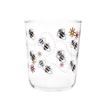 Bees Juice Glass compact glassware, with a crisp silhouette and decorative details that stand out on the table; an easy everyday size for juice, water, small cocktails, or breakfast service. Primary product view highlights the overall design and proportions.